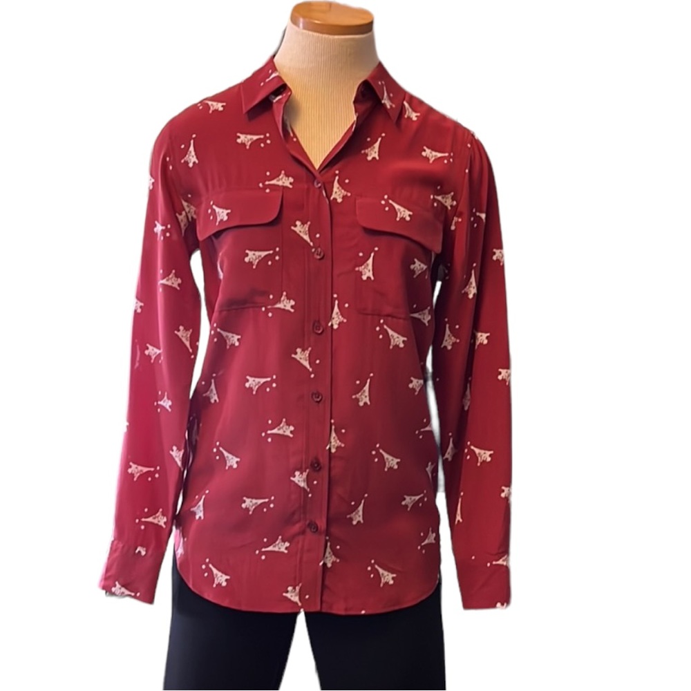 Equipment Long Sleeve Eiffel Tower Printed Button Down Shirt, Muted Red, Xsmall